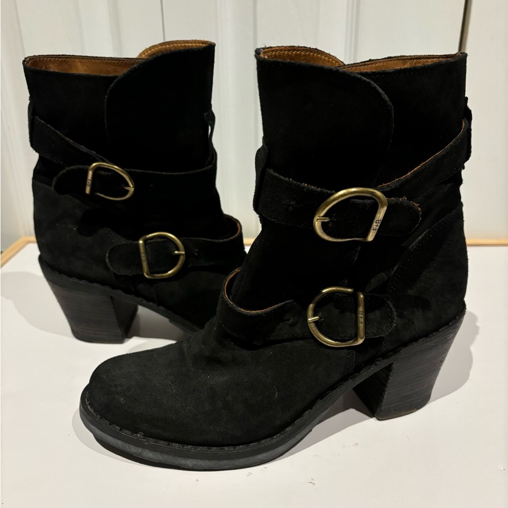 Fiorentini+Baker Brown Leather Suede Ankle Boots Chunky Heels 2Belts 
Size:37